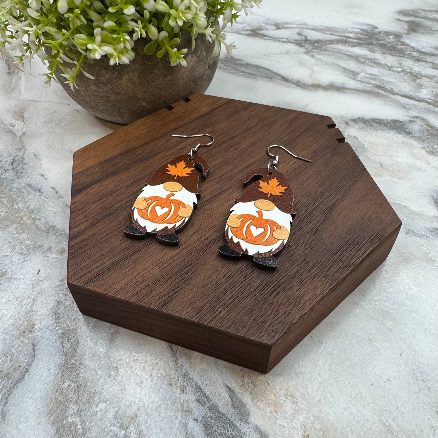 Wooden Dangle Earrings - Fall - Gnome Heart Pumpkin