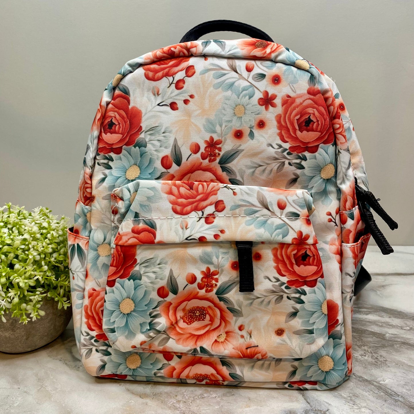 Mini Backpack - Floral, Light Blue Coral