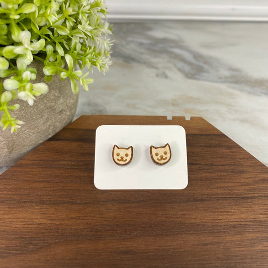 Wooden Stud Earrings - Cat Head