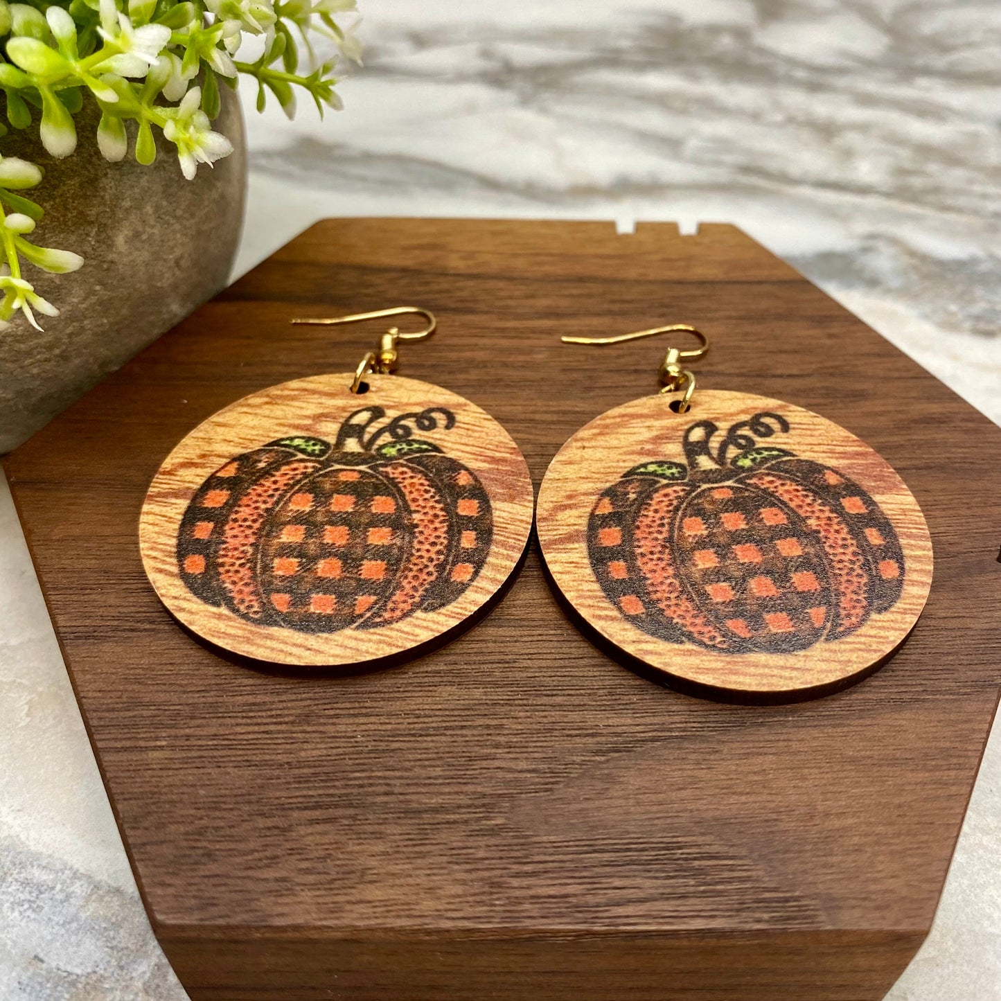 Wooden Dangle Earrings - Fall - #3