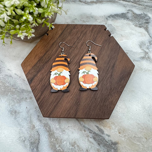 Wooden Dangle Earrings - Fall - Gnome Pumpkin