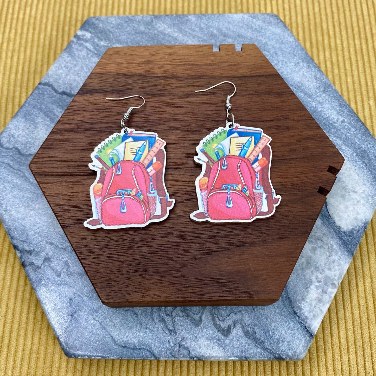 Wooden Dangle Earrings - Teacher - Backpack