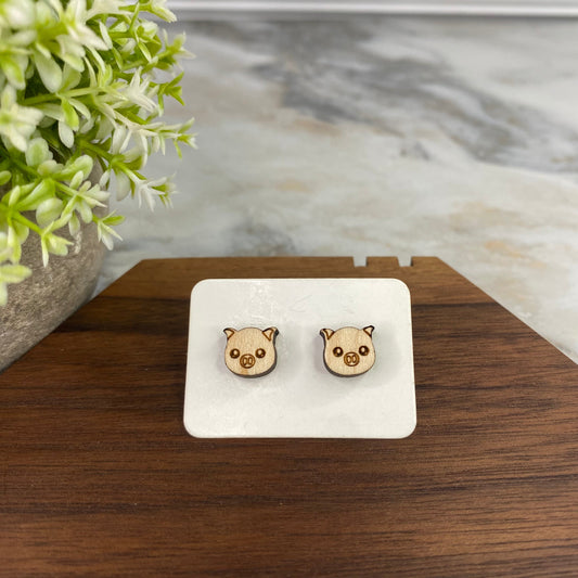 Wooden Stud Earrings - Pig