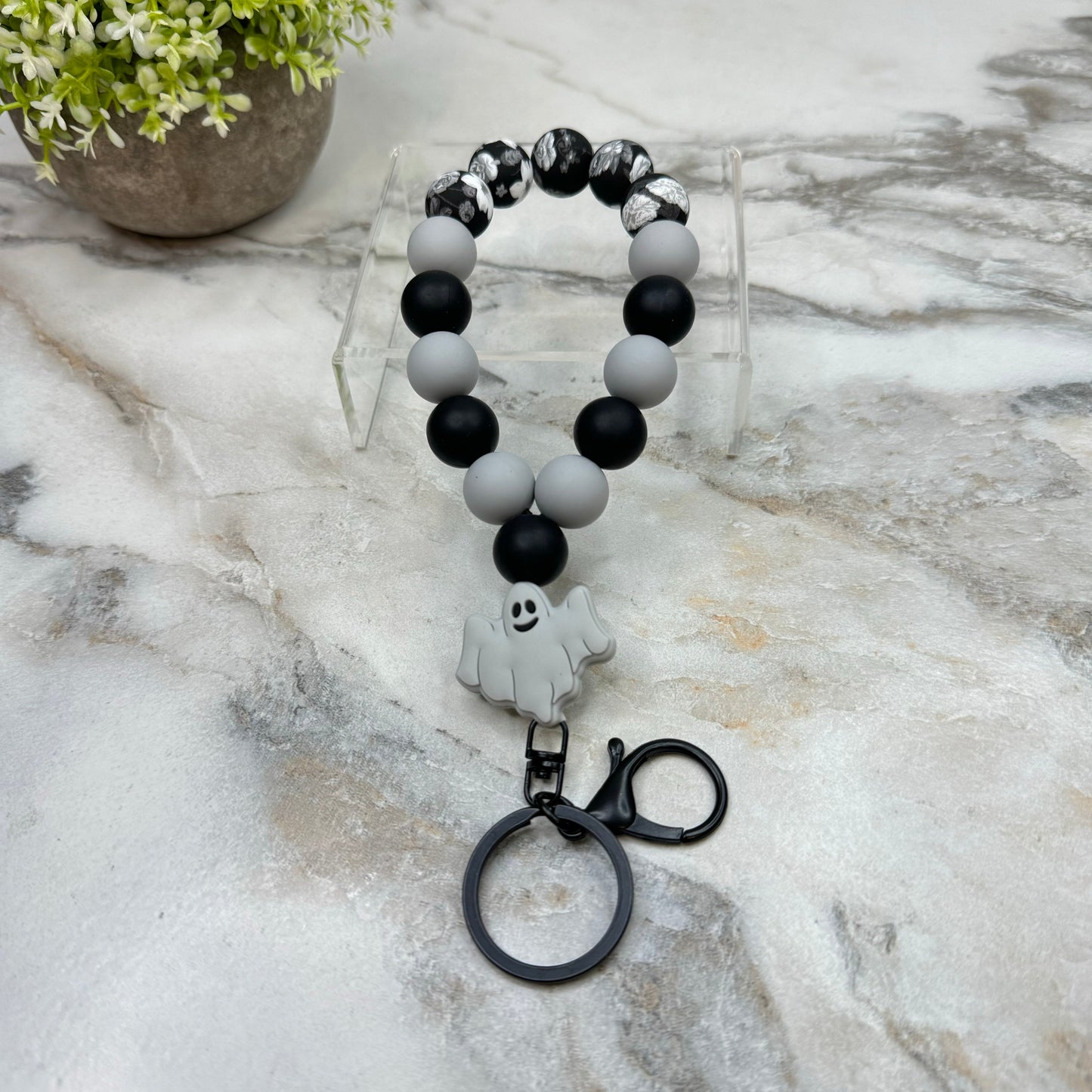 Silicone Bracelet Keychain - Halloween - Ghost Grey Floral